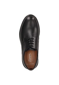 Chaussures noires en cuir à lacets présentant une finition lisse, un bout arrondi et un design minimaliste avec une semelle intérieure marron clair.