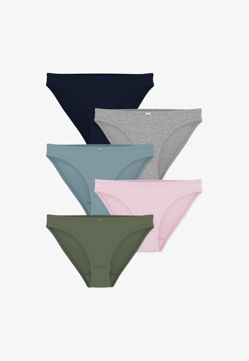 Set aus fünf Damen-Bikiniunterhosen in marineblau, grau, blau, rosa und olivgrün, jede mit einer kleinen dekorativen Schleife in der Mitte des Bunds.