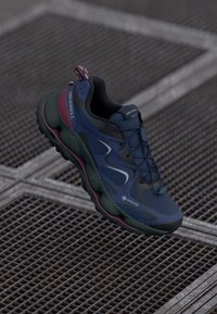 Marineblå og svarte tursko med grønne og mørkerøde aksenter, teksturert overdel, snøringssystem og synlig GORE-TEX-merke. Lett design.