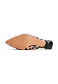 Pointed-toe high heel shoe with a leopard print fabric upper, glossy black patent accents, and a smooth tan rubber sole.