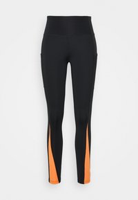 Black high-waisted leggings with side pockets and orange triangular panels on the lower outer legs.