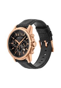 Orologio da polso cronografo color oro rosa con quadrante nero, tre sottodial, finestra della data e cinturino in pelle nera testurizzata.