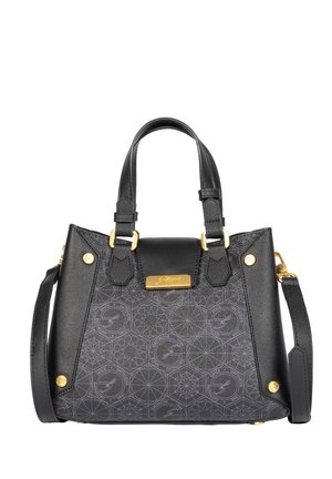 Schwarze Lederhandtasche mit geometrischem Muster, goldfarbenen Beschlägen, zwei Griffen und abnehmbarem Schultergurt.