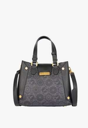 Zwarte leren handtas met geometrisch patroon, hardware in goudkleur, twee handvatten en een afneembare schouderriem.