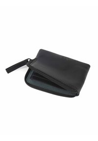 Black leather wallet with a zip closure, featuring a smooth exterior, a blue interior lining, and card slots inside. Compact design.