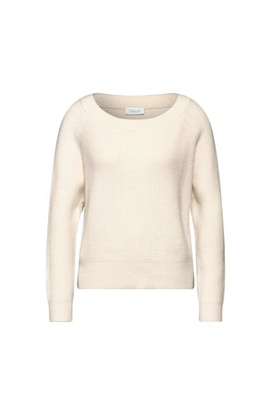 Suéter blanco con textura, de cuello redondo amplio y mangas largas. Presenta puños y dobladillo acanalados, confeccionado con un material suave y ligero.