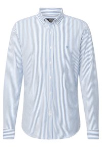 Hemd mit hellblauen und weißen vertikalen Streifen, Kragen, langen Ärmeln und einem kleinen gestickten Logo auf der Brust.