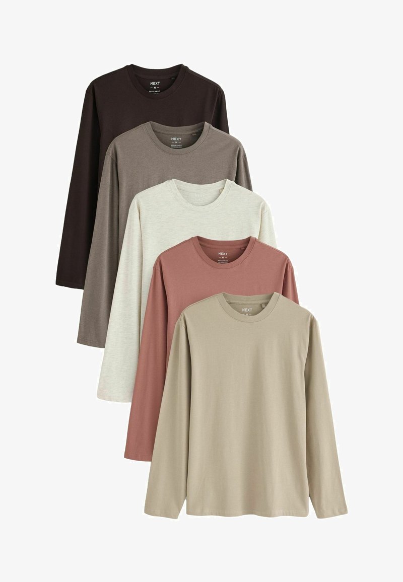 Langarm-T-Shirts in vier Farben: Dunkelbraun, Taupe, Hellgrau, Dusty Rose und Beige. Weiches Baumwollmaterial mit Rundhalsausschnitt.