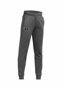 Pantalon de jogging gris avec une taille élastique, deux poches latérales et un logo noir sur la cuisse gauche. Texture lisse avec des jambes fuselées.