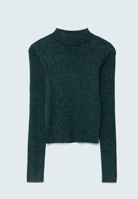 Groene, glanzende gebreide trui met een hoge hals en lange mouwen. De stof heeft een gestructureerde uitstraling, wat zorgt voor een aansluitende silhouette.