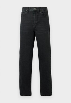 Melnas džinsa bikses ar taisnu kāju griezumu, priekšējām kabatām, pogas aizdari un minimālistiskām šuvju detaļām.