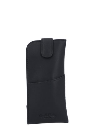 Black leather phone case with a smooth texture, rounded shape, and a front pocket; features a flap closure at the top.