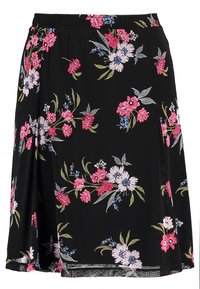 Květinová sukně s černým podkladem, na kterém jsou růžové, modré a bílé květy a zelené listy; elastický pas; rozšířená silueta.