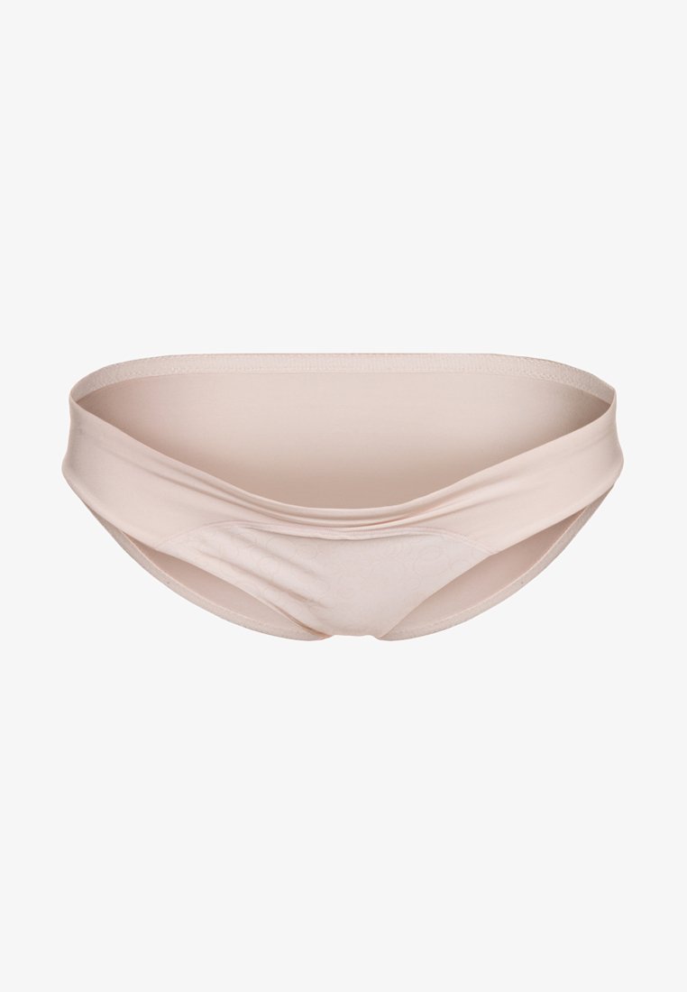 Light beige bikini briefs with a soft, stretchy fabric and a smooth texture. Features a gathered waistband and subtle embossed pattern.