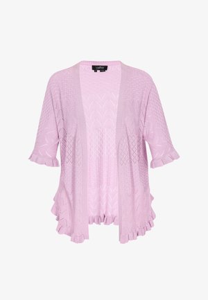 Világos rózsaszín, nyitott frontú kardigán, kötött textúrával és geometrikus mintákkal, rövid fodros ujjal és lazán illeszkedő fazonnal. Címke: usha.