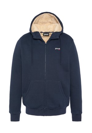 Marineblå hættetrøje med lynlås, beige fleeceforet inderside, to frontlommer, snørre i hætten og et lille logo på brystet.