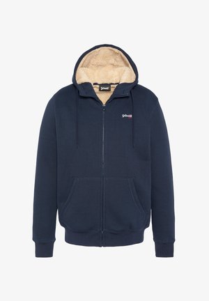 Sweat à capuche zippé bleu marine avec intérieur en polaire beige, deux poches avant, capuche avec cordon de serrage, et un petit logo sur la poitrine.