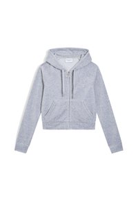 Felpa corta grigia con zip realizzata in materiale morbido, dotata di cappuccio con doppio coulisse e due tasche frontali. Logo discreto sul petto.