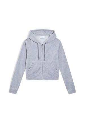 Felpa corta grigia con zip realizzata in materiale morbido, dotata di cappuccio con doppio coulisse e due tasche frontali. Logo discreto sul petto.