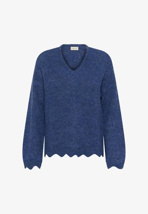 Sinine kudumispullover V-kaelusega, pikkade varrukatega ja lainelise ääre detailiga. Pehme tekstuur, millel on kogu ulatuses peen mustriline joon.