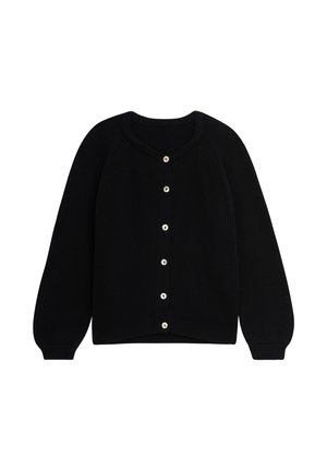 Schwarzer Strickcardigan mit gerippter Struktur, V-Ausschnitt und langen Raglanärmeln. Es hat sechs weiße Knöpfe auf der Vorderseite.