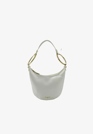 Borsa a secchiello in pelle bianca con accenti dorati sui manici circolari e chiusura superiore con cerniera.