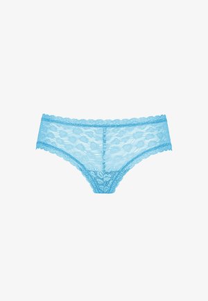 Lichtblauwe kanten hipster damesonderbroek met bloemenpatroon en gebogen randen op een witte achtergrond.