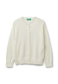 Světle krémový pletený cardigan s sedmi předními knoflíky, žebrovanými manžetami a lemem, a kulatým výstřihem.