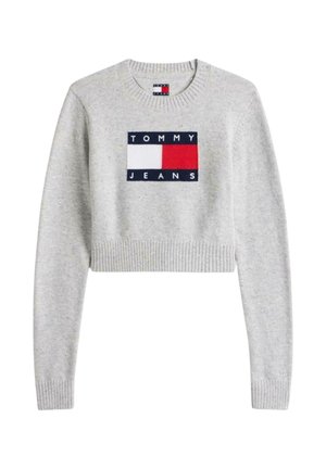 Grijze cropped trui met geribbelde manchetten en zoom, met een marineblauw en rood rechthoekig logo met de tekst "TOMMY JEANS" centraal op de voorkant.