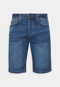 Denim shorts in een middelblauwe wassing, met vijf zakken, een knoopsluiting en contrasterende stiksels. Standaard pasvorm met een rechte pijp.