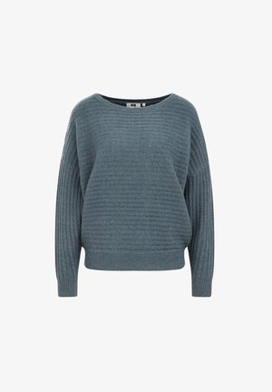 Modrý žebrovaný svetr s kulatým výstřihem, dlouhými rukávy a texturovaným povrchem. Disponuje uvolněným střihem a jednobarevným designem.
