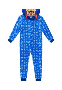 Blue fleece onesie featuring a hood with a dog face design, paw print pattern, and ribbed cuffs in a solid blue color.