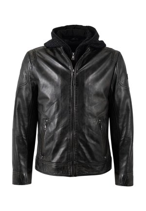 Black leather jacket with a textured black hood, front zipper closure, and two side zippered pockets. Features a smooth finish and fitted design.
