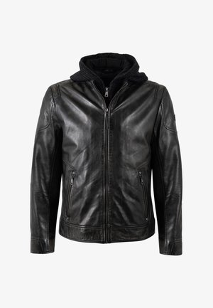 Black leather jacket with a textured black hood, front zipper closure, and two side zippered pockets. Features a smooth finish and fitted design.