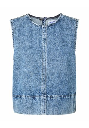 Chaleco sin mangas de mezclilla azul claro con escote redondo, detalle de costura frontal y cierre de botones en la parte posterior del cuello.