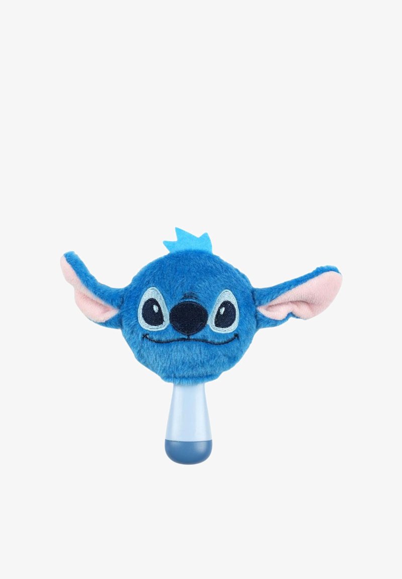 Hochet en peluche bleu en forme de tête de personnage avec de grandes oreilles, des yeux et un nez brodés, et une poignée blanche.