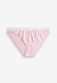 Roze pamučne bikini gaćice s bijelim elastičnim pojasom koji sadrži ponavljajući "NEXT" logo. Mekani materijal i standardni kroj.