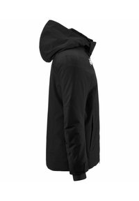 La giacca nera con cappuccio presenta un design snello, chiusura frontale con zip, polsini elasticizzati e una texture morbida, adatta per diverse condizioni meteorologiche.