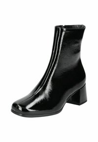 Stivale alla caviglia in vernice nera con punta quadrata e tacco geometrico e robusto. Texture liscia e design elegante, con chiusura a zip laterale.