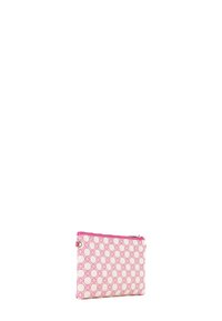 Borsetta con zip realizzata in tessuto con uno sfondo crema e un motivo geometrico rosa; presenta una zip rosa e accessori in metallo.