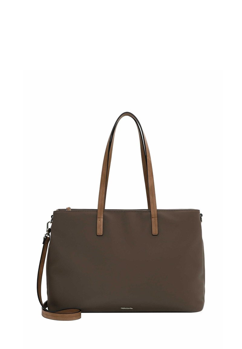 Sac fourre-tout rectangulaire marron foncé avec deux longues poignées beige et une sangle d'épaule réglable sur fond blanc.