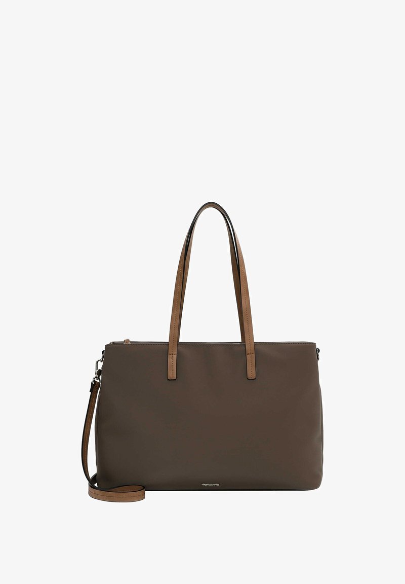 Dark brown rectangular tote bag with two long tan handles and an adjustable shoulder strap against a white background.