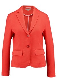Blazer texturé rouge avec un col à revers, deux poches avant, fermeture à un bouton et manches longues. Doublure intérieure lisse.