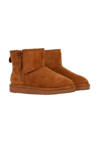 Stivaletti in suede marrone con chiusura zip e suola in gomma piatta. Design semplice, texture morbida e dettagli di cucitura minimi.