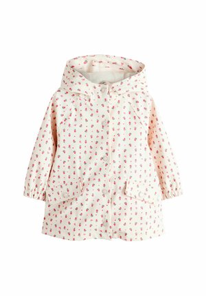 Hellrosa Kleinkind-Regenmantel mit Kapuze, Druckknopfverschluss, zwei vorderen Klappentaschen und kleinem rotem Blumenmuster.