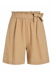 Béžové šortky vyrobené z texturované tkaniny, s elastickým pasem a volánkovými detaily a bočním mašličkovým akcentem. Volný střih.