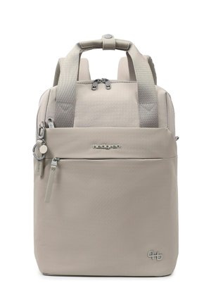 Light beige rectangular backpack with top handles, front zipper pocket, metal logo, and padded shoulder straps.