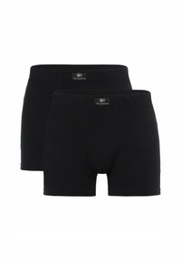 Schwarze Baumwoll-Boxershorts im Doppelpack. Mit elastischem Bündchen und Logo-Tag. Glatte Textur und körperbetonte Passform.