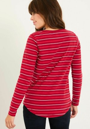 Red long-sleeve shirt with horizontal white stripes, featuring a round neck and curved hem. Soft texture, form-fitting design.