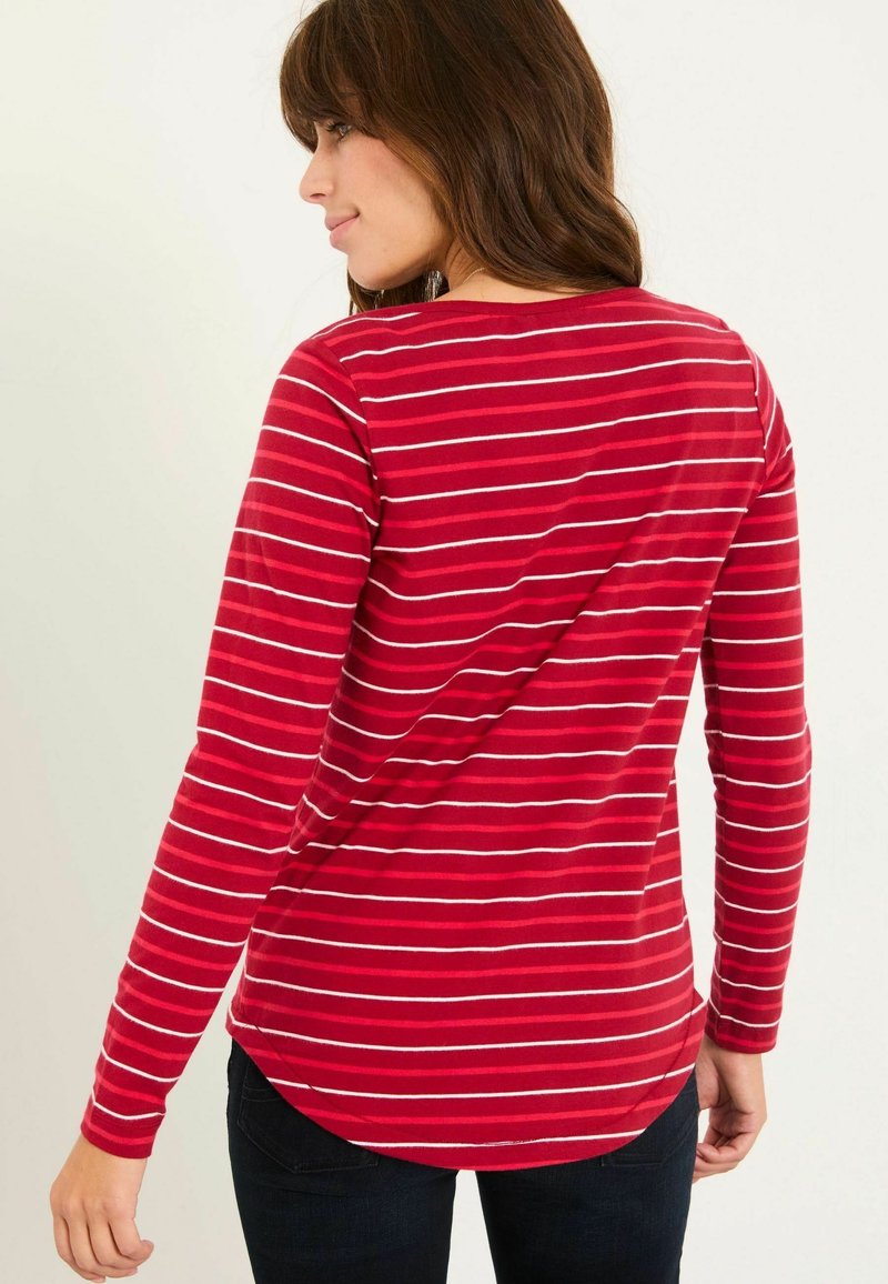 Red long-sleeve shirt with horizontal white stripes, featuring a round neck and curved hem. Soft texture, form-fitting design.